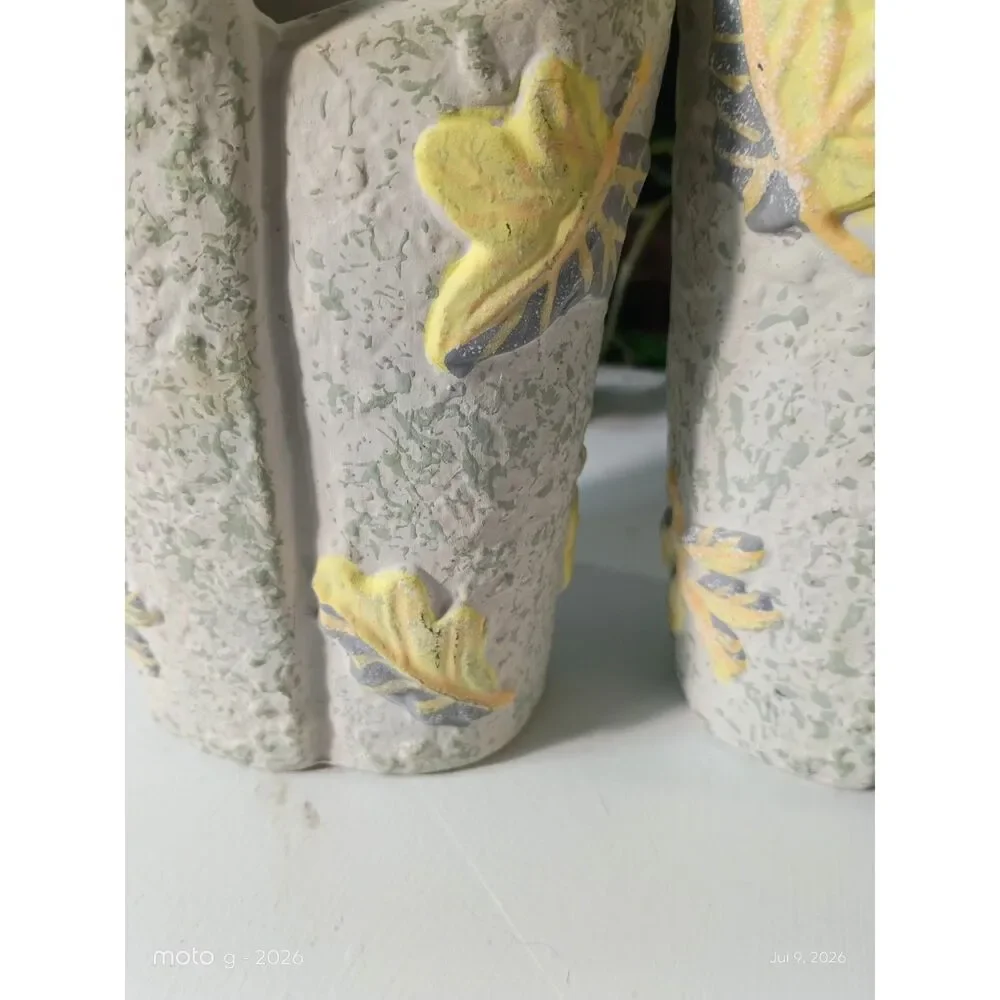 Handcrafted White Ceramic Vases with Yellow Leaves, Handpainted Clay Pottery
